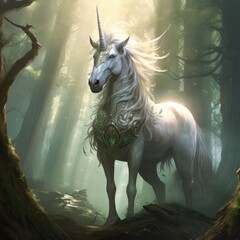 Naklejka na ściany i meble White Unicorn standing in the Forest with a long mane