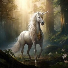 Naklejka na ściany i meble White Unicorn standing in the Forest with a long mane