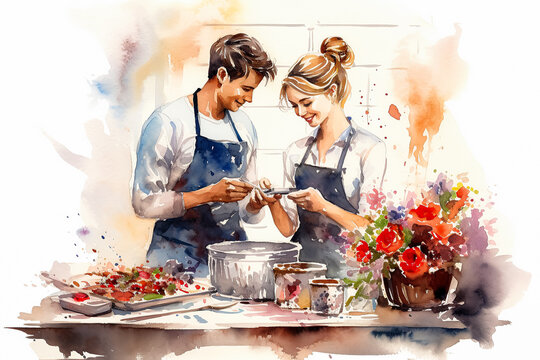 a watercolor illustration of a couple preparing food together.