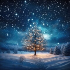 Winter christmas landscape. Magical fairy light. Christmas tree. Winter starry sky.