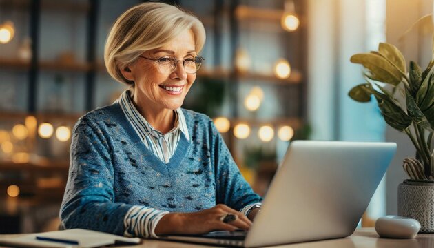 joyful senior woman uses a laptop, possibly emailing friends, browsing, or engaging with social media