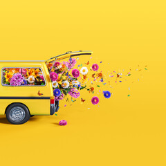 Yellow van full of colorful spring flowers on yellow background. 3D Rendering, 3D Illustration - 722338995