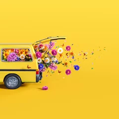 Deurstickers Yellow van full of colorful spring flowers on yellow background. 3D Rendering, 3D Illustration © hd3dsh