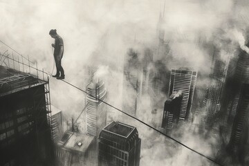 Man tightrope walking above a foggy cityscape, a metaphor for risk. Ideal for motivational themes and conceptual art. - a concept of balance. - obrazy, fototapety, plakaty