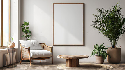 Single Vertical ISO A0 Frame Mockup with Reflective Glass - Mockup Poster on the Wall of Living Room. Interior Mockup with Apartment Background
