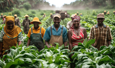 Naklejka na ściany i meble Portrait of African farmer with harvest of tea leaves on the field