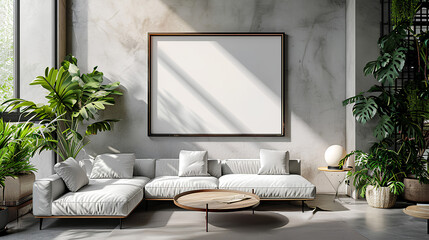 Frame Mockup, ISO A Paper Size - Living Room Wall Poster Mockup with Modern Interior and House Background
