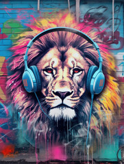 lion with headphones with watercolor splashes in the style of pop art, сolorful, vivid