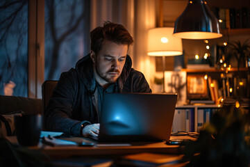 A man is deeply absorbed in his work on a laptop late at night in a warmly lit home office, exemplifying dedication and focus in a cozy atmosphere.