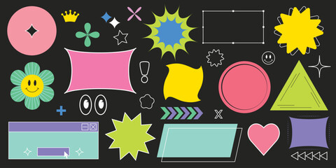 Set of trendy Y2K shapes badges on black background. Retro stickers templates in vibrant colors. Neo Brutalism style icons collection