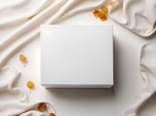 Mockup White Box On Decorated Soft Fabric And Leaves White Background White Label