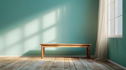 An empty wooden bench standing against a wall with a window, hard shadows, minimalism in design.