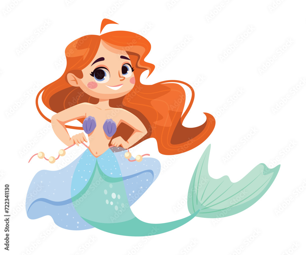 Poster little girl mermaid with fish tail and wavy hair vector illustration