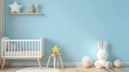 Stylish scandinavian newborn baby room with wooden cabinet, toys. Modern interior with blue background walls, wooden parquet. Home decor.