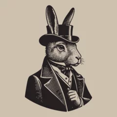 Foto op Aluminium A hare in a tailcoat and top hat. Vintage engraving black and white vector illustration. Logo, emblem, woodcut. isolated object © Victoria
