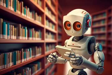robot boy reads books in the library. The robot explores the world.