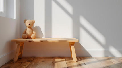 A wooden bench with a teddy bear standing against a wall with a window, hard shadows, minimalism in design.