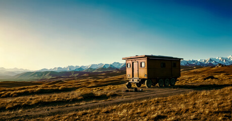 Naklejka premium Truck driving down dirt road in the middle of dry grass field.