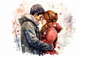 Obraz premium a watercolor illustration of a couple in love against a festive New Years background.