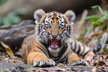 A playful tiger cub, caught in a candid moment that radiates curiosity and joy