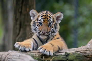 A playful tiger cub, caught in a candid moment that radiates curiosity and joy