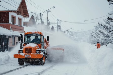 A powerful snowplow truck braves the freezing winter storm, clearing a path through the snowy road while towering trees and a dark sky loom in the background