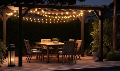 Fototapeta na wymiar A Cozy Evening on a Rustic Wooden Deck With Twinkling Lights