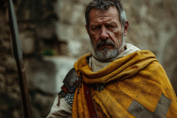 Naklejka premium A weathered man, with a face lined by wrinkles and a thick beard, stands stoically outdoors, his clothing a testament to his journey through life