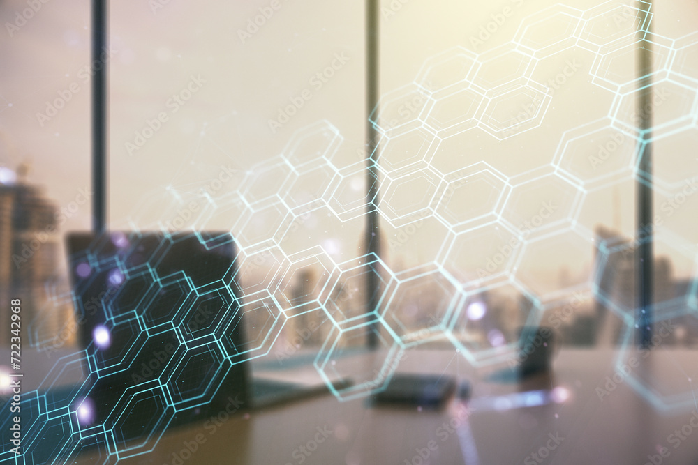 Aufkleber creative abstract technology sketch with hexagon grid and modern desk with computer on background, f
