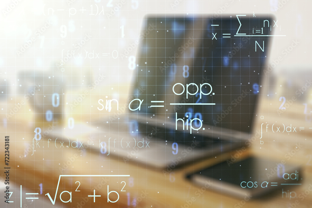 Poster creative scientific formula concept and modern desktop with computer on background. multiexposure