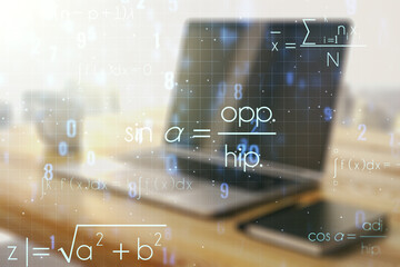 Creative scientific formula concept and modern desktop with computer on background. Multiexposure
