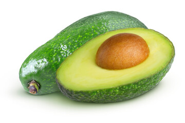 Avocado whole and cut on an isolated white background.