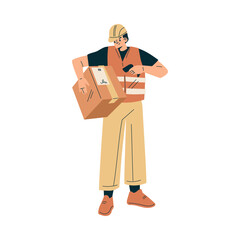 Logistics Service Man Worker Character in Orange Uniform Scan Carton Container Vector Illustration