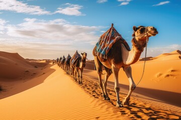A caravan of camels rests in the desert against the backdrop of the red sea and high mountains. ai generated