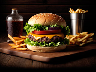 A yummy tasty Appetizing burger background fresh fastfood with beef and cheese burgers vegetables