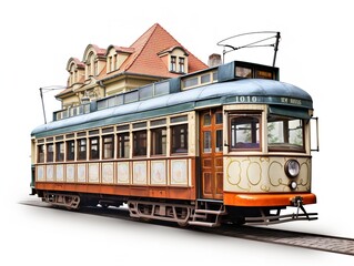 Naklejka premium Vintage Tram Rolling Through Historic City Center - AI Generated