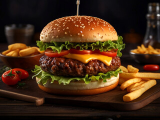 A yummy tasty Appetizing burger background fresh fastfood with beef and cheese burgers vegetables