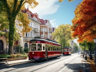 Vintage Tram Rolling Through Historic City Center - AI Generated - obrazy, fototapety, plakaty