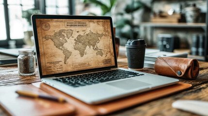 creative world map on modern laptop screen, international trading. Map World Continents Pins Illustration Graphic. Concept of travel and leisure. Global Binary Code Digits Technology Software Concept