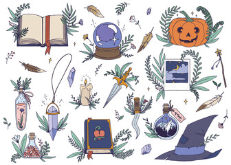 Doodle style hand drawn illustrations with magic elements. Witchcraft cartoon elements for magic shop, esoteric symbols and occult magician equipment. Cute stikers set.