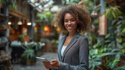 Young attractive African female office worker business suits smiling at camera . glad curly woman dressed in formal outfit uses touch pad for watching webinar shares post on social media.