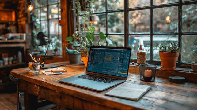 work desk with laptop and other work tools. Laptop with statistical information comparing data in charts graphs accessing marketing strategy effectiveness. - Powered by Adobe