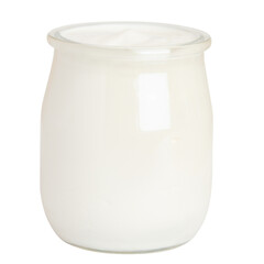 White yogurt in a small glass jar. On a blank background