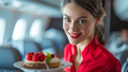 Stewardess serving a delightful dessert to passengers, adding a touch of sweetness to the flight, [stewardess]