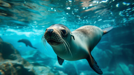 Obraz premium sea lion swimming underwater in the ocean