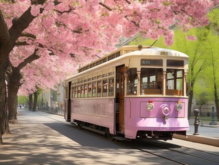 Naklejka premium Vintage Tram Rolling Through Historic City Center - AI Generated