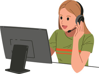 Female call center or support employee with headphone working with computer in the office illustration