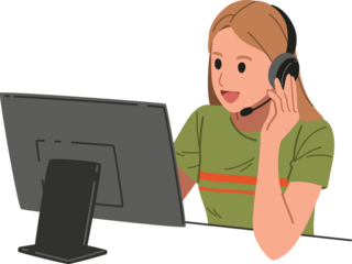 Female call center or support employee with headphone working with computer in the office illustration
