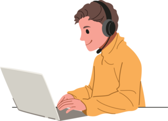 Male call center or support employee with headphone working with computer in the office illustration