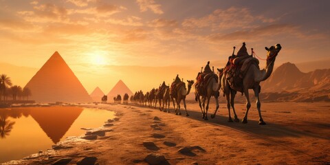 A caravan of camels rests in the desert against the backdrop of the red sea and high mountains. ai generated - obrazy, fototapety, plakaty